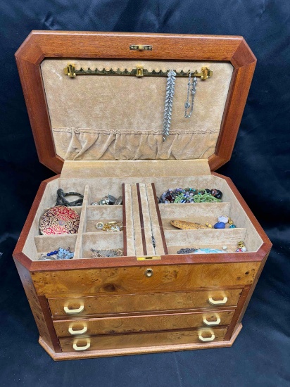 Large Wooden Jewelry Box full of Jewelry. Necklaces, Rings, Earrings more
