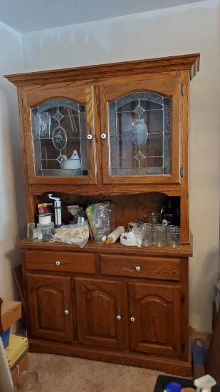 Large 2 piece china hutch with stained glass cabinet with contents @ Farm