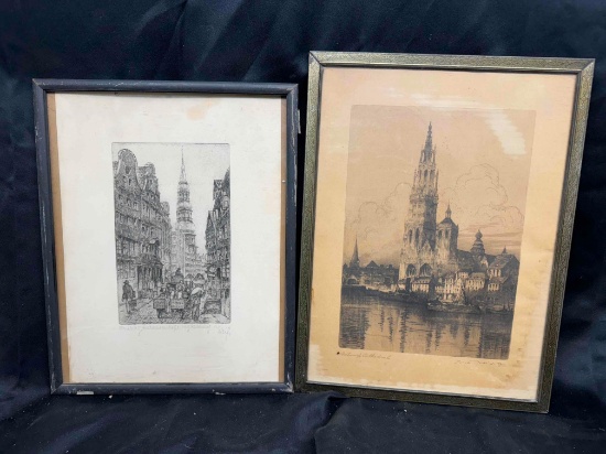 Pair of Signed Framed Art of Rheims and Antwerp Cathedrals