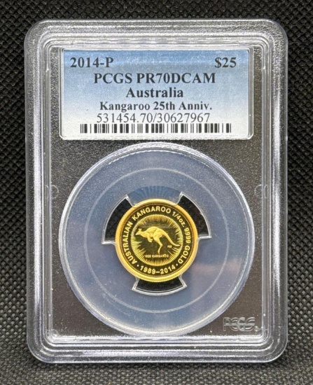 PCGS PR70 DCAM 25 Anniversary 1/4 Oz 9999 Fine Gold Kangaroo Bullion Coin