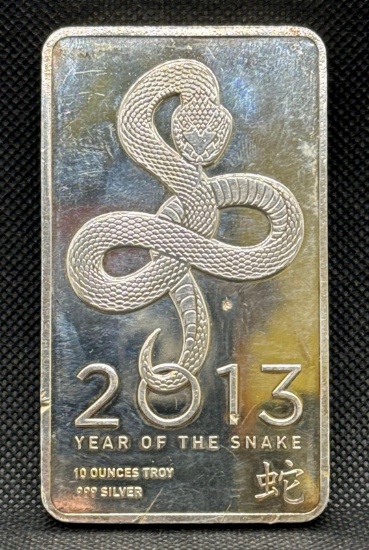 2013 Year of the Snake 10 Tory Oz .999 Fine Silver Bullion Bar