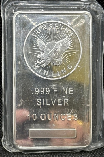 10 Troy Oz .999 Fine Silver Sunshine Bullion Bar