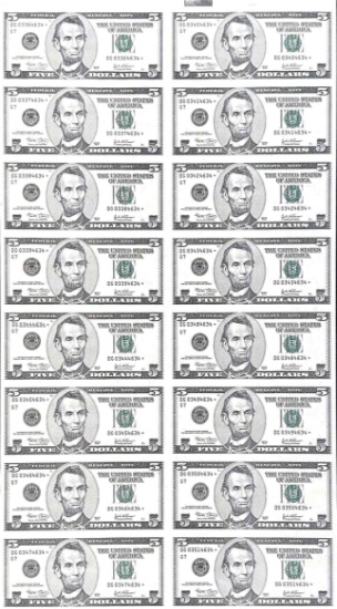 Uncut Sheet of 16 Five Dollar Bills banknotes