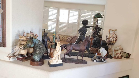 Large shelf lot vintage statues porcelain/ceramic figures case ship horn