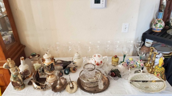 Table lot misc. vintage decanters crystal silverplate candle holders marble bookends more