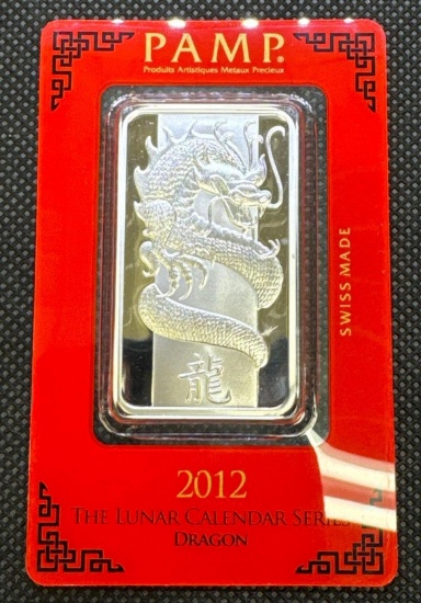 PAMP 2012 Dragon 1 Troy Oz 999 Fine Silver Bullion Bar