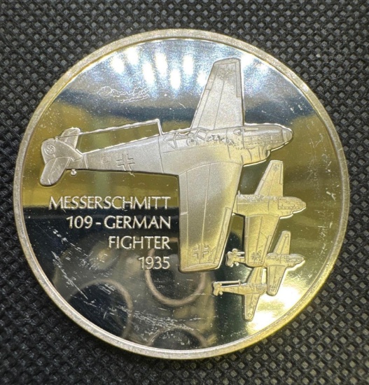 History of Flight Messerschmitt 109 German Fighter 1933 Sterling Silver Coin 1.30 Oz