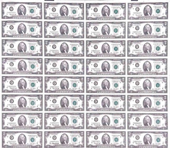 Uncut Sheet of 2 Dollar Bills Banknotes 32 Count