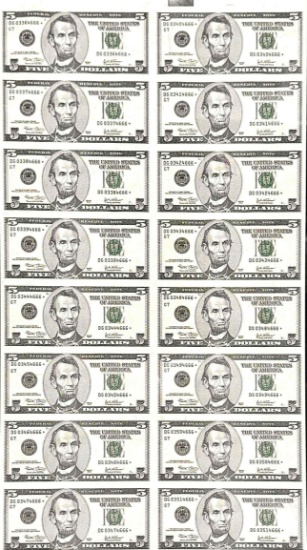 Uncut Sheet of 5 Dollar Bills Banknotes 16 Count $80 Face Value