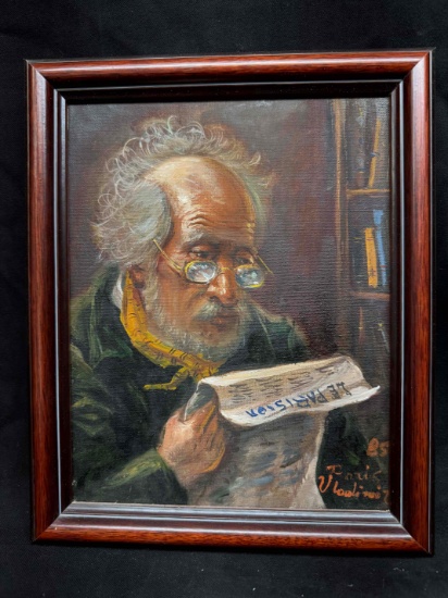 Framed Art by VLADIMIR STOJANOVIC. Man reading Le Parisien, oil on canvas, signed and dated 1985