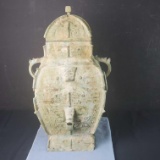 Chinese Archaic Vase Bronze Double Ear Square Pot Jar Crock Vessel Zhou or Shang dynasty. Exact Age