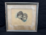 Framed Art Signed Maude Humphrey Bogart 2 Victorian Girls 17x22