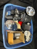 Bin of Camera Accessories Lenses, Flashes Polaroid more