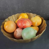 Brass bowl with 9 stone carved decorative fruits/vegetables shaped