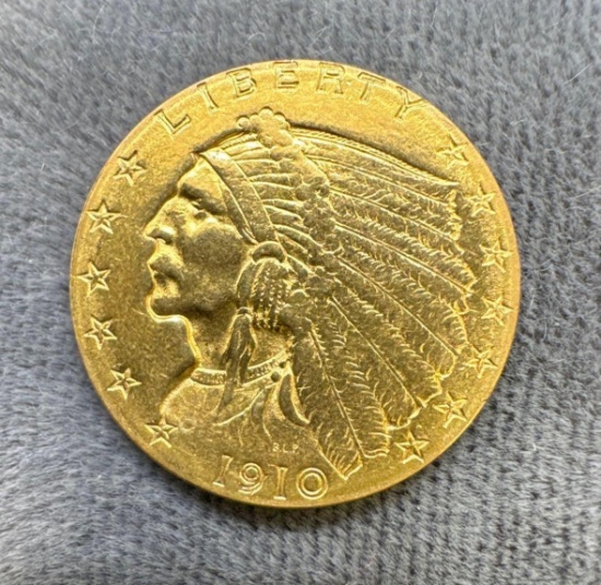 1910 $2.50 Indian Head Gold Quarter Eagle Coin 4.16 Grams
