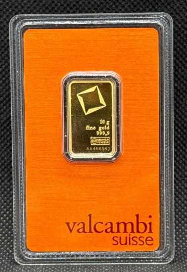 Valcambi Suisse 10 Gram 9999 Fine Gold Bullion Bar