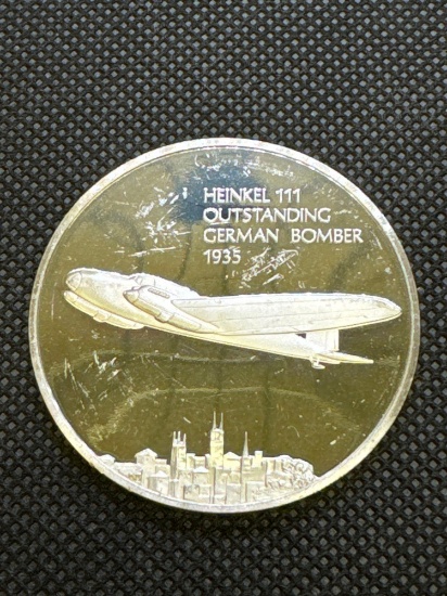Heinkel 111 Outstanding German Bomber 1935 Sterling Silver Coin 1.32 Oz