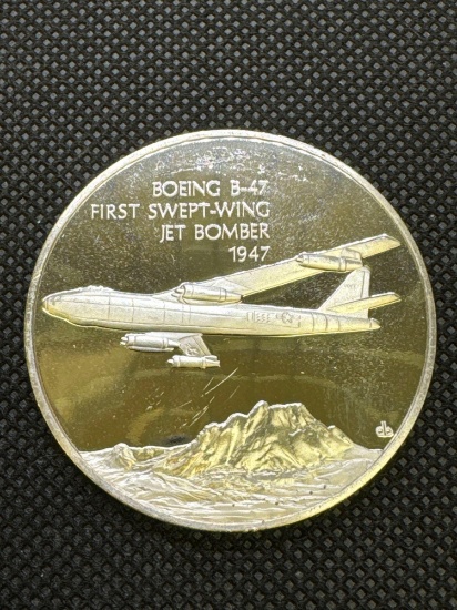 History Of Flight Boeing B-47 1st Swept-wing Jet Bomber 1947 Sterling Silver Coin 1.33 Oz