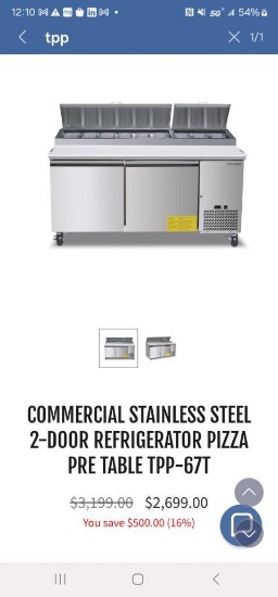 COMMERCIAL STAINLESS STEEL 2-DOOR REFRIGERATOR PIZZA PRE TABLE TPP-67T NIB