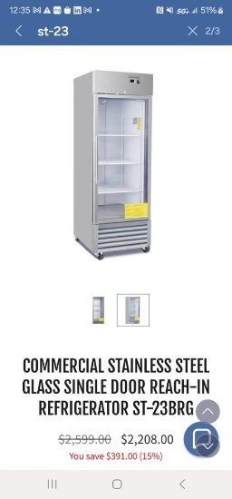 COMMERCIAL STAINLESS STEEL GLASS SINGLE DOOR REACH-IN REFRIGERATOR ST-23BRG NIB