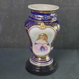 Vintage porcelain blue/gold vase with Victorian woman/fruits flowers