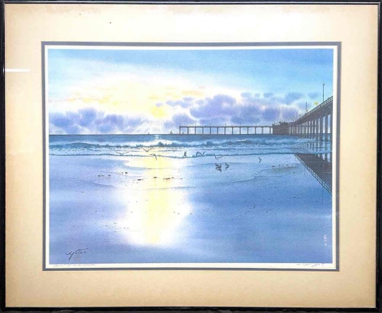 Framed Art Print Sunset at Ocean Beach Signed by John Yato 1997 25x30