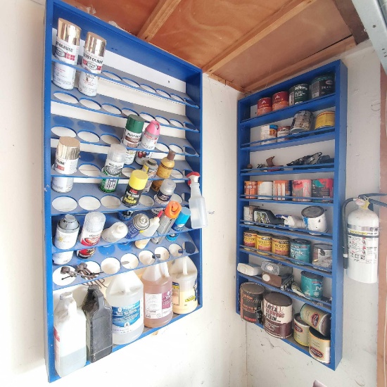 2 wall shelfs various paint primer solvents etc.
