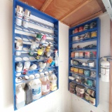 2 wall shelfs various paint primer solvents etc.