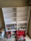 misc - 2 bookcases bins glassware bolts/nuts hardware handtools etc.