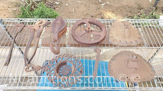 Misc Vintage handtools cast iron teapot warmer pully block/wheel 2 small wall planters