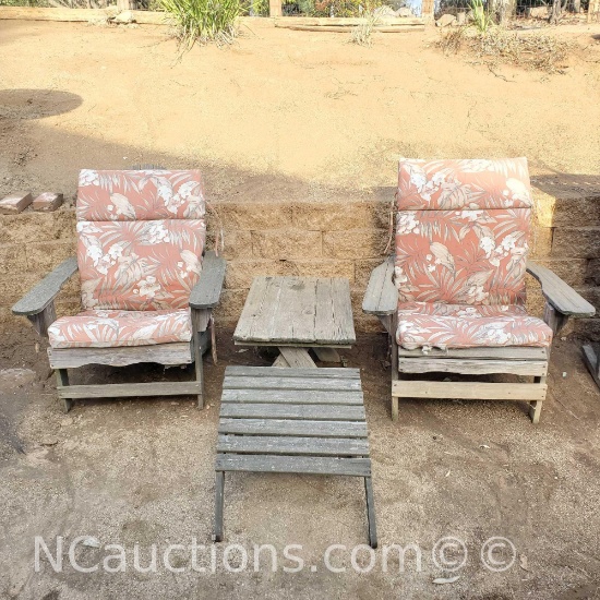 2 wooden yard chairs 1 table 1 footstool