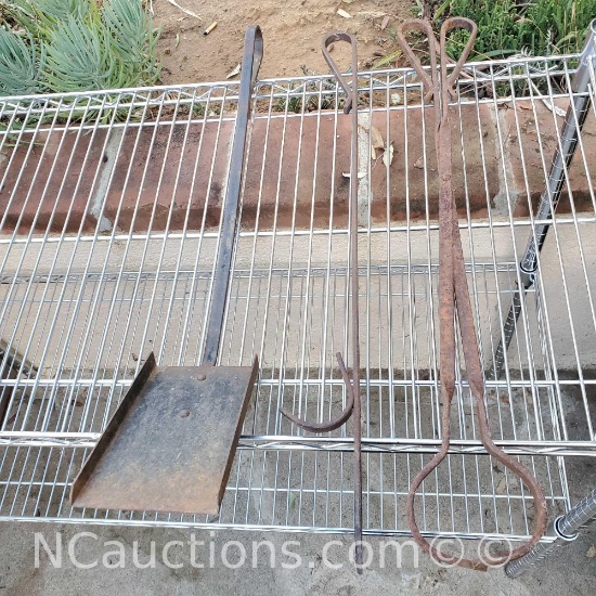 3 vintage fireplace tools poker log grabber shovel