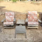 2 wooden yard chairs 1 table 1 footstool