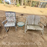 Wooden outdoor rockingchair and bench with round metal glass top table