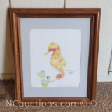Framed artwork watercolor seahorse with signature