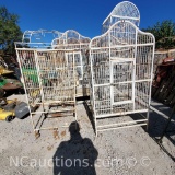 4 white Vintage wrought iron bird cages various Shapes/sizes