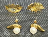 2 Set of 14k Gold Earrings Pearls Leafs 1.79 Grams