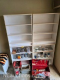 misc - 2 bookcases bins glassware bolts/nuts hardware handtools etc.