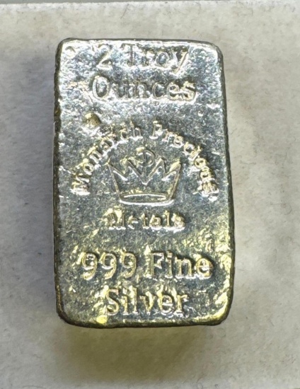 2 Troy Oz .999 Fine Silver Monarch Metals Bullion Bar