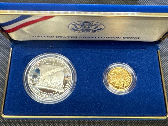 1987 Silver Dollar and Gold $5 Constitution Coins With COA