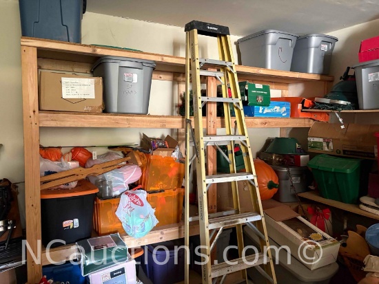 shelf of Christmas and Halloween decorations include ladder