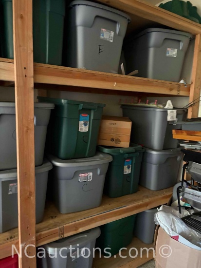 entire wall of bins, Christmas decorations suitcases