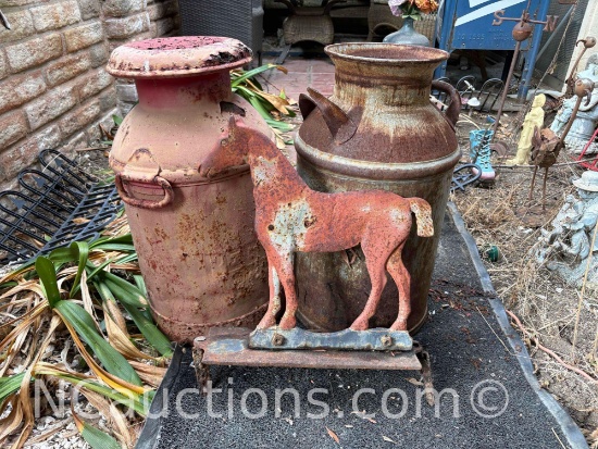 vintage full-size metal milk, cans, and metal horse