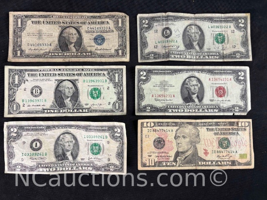 2 dollar bills, silver cert, 10 dollar bill