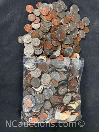 6 pounds of US coins Pennies dimes, quarters nickels half dollars and dollar coins.