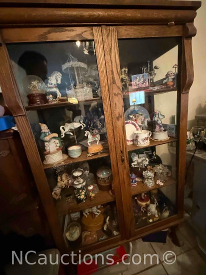 Large Display Cabinet filled with Collectibles Carousel Horses, Clowns, Statues, Cups, Plates more