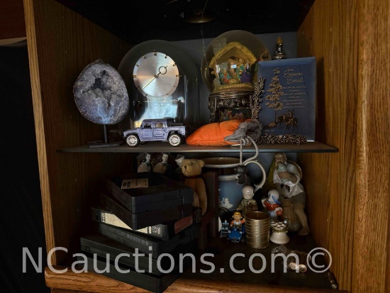 Assorted collectibles. Ceramic Asian Statues, Fancy clock , Geode more