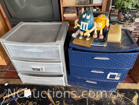Pair of Plastic set of Drawers with contents. Tools, Electronics, MnM figures more
