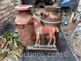 vintage full-size metal milk, cans, and metal horse