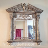 Heavy unique pewter color plaster mirror 64in tall 50in wide.